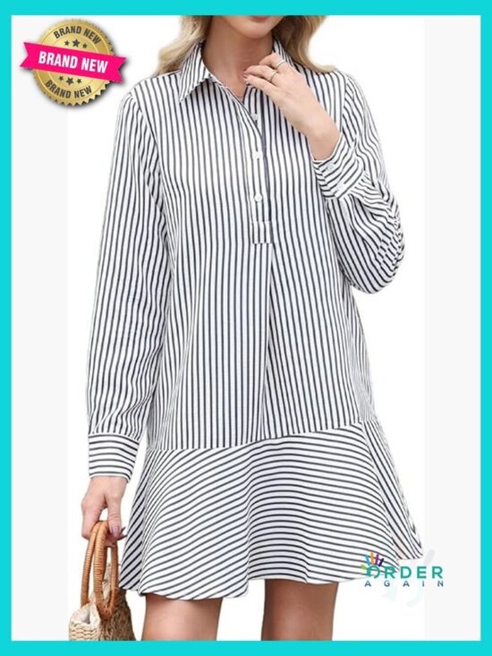 Dresses & Skirts - Striped Mini Dress Long Sleeve Collared Ruffle Hem Button Up Swing Tunic